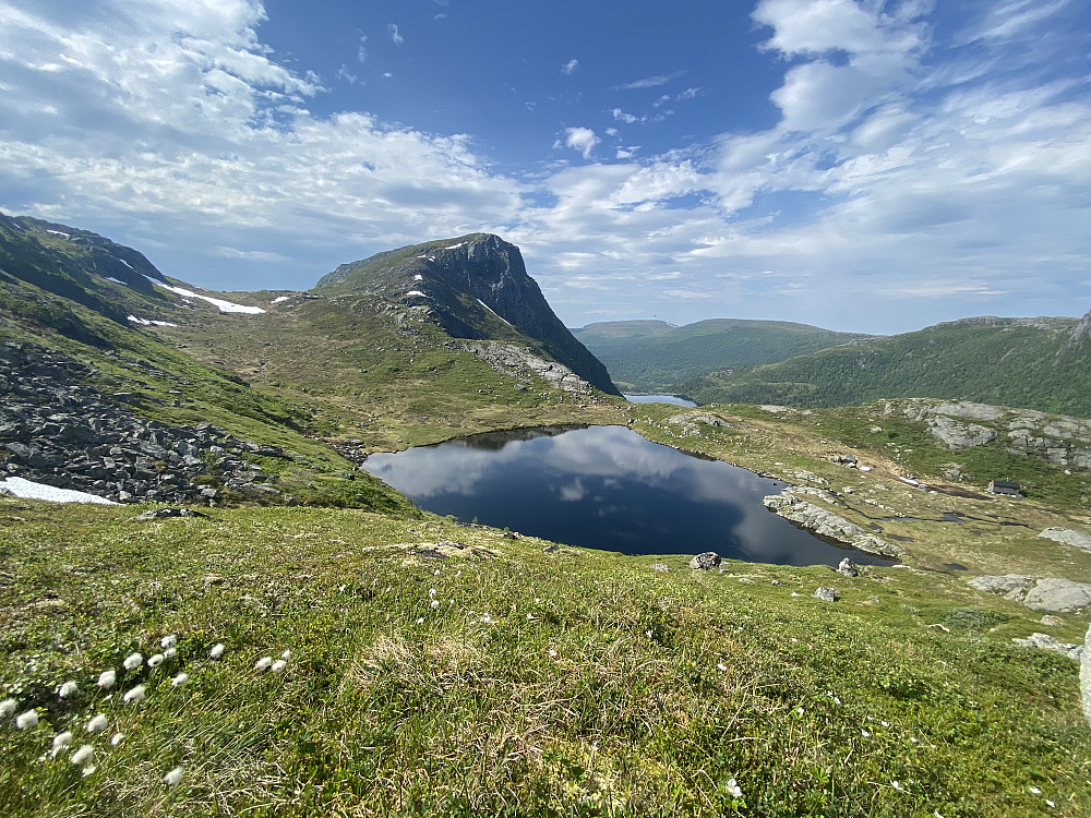 Steingeita og Øvre Kjøltjønna, hvor det svømte et par fine ørreter langs land.