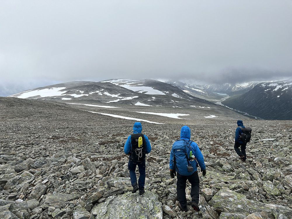 Vi ser Sandgrovhøi og Hesthøi i det fjerne og vi er på stø kurs. Lettgått terreng her, men mye stein.