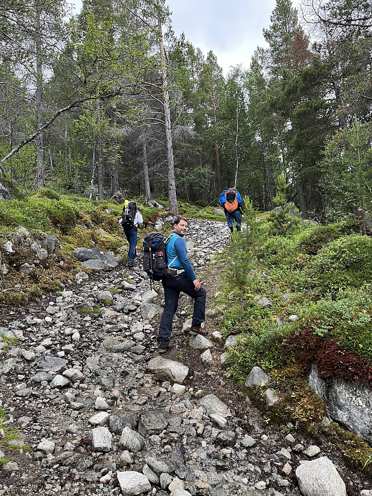 Ganske bratt denne "veien". Rødmerka skiløype, tøft med tynne langrennski ned her på vinterstid! Fjellski er sikkert et bedre valg.