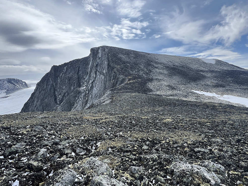 Trollsteinrundhøe sett omtrent fra bandet mot Svartholshøe. Vi kan også skimte Jans Pinakkel i fjellsiden der - den var ikke i våre tanker denne dagen!