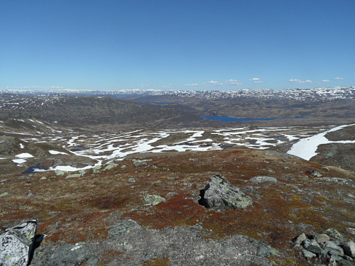 Nordaustover mot Telemarksfjell i bakgrunnen. Lislevatn t.h. og litt av Breidvatn bak.