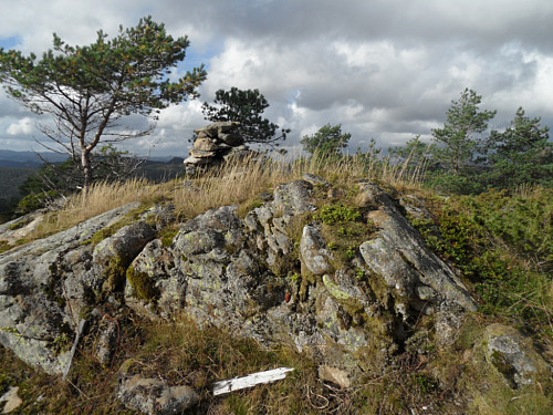 Eit bunt lite jernansikt er innstøypt i fjellet her på toppen av Husefjell.