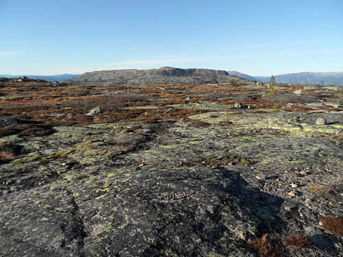 Trigpunkt/ jernbolt på toppen av Brakandalsfjellet. Brokefjell 1074 moh i bakgrunnen.