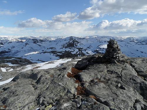 Trigpunktet med jernbolt på nordsida av varden. Bergeheia i bakgrunnen.