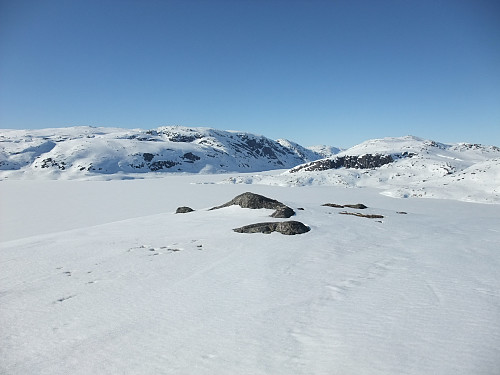 Auråhortenmassivet 1290 moh i bakgrunnen og Litle Auråhorten t.h.