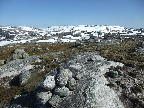 Trigpunkt/ jernbolt (ikkje avmerka på kart) på 1078-toppen. Gaupefjellet i bakgrunnen.