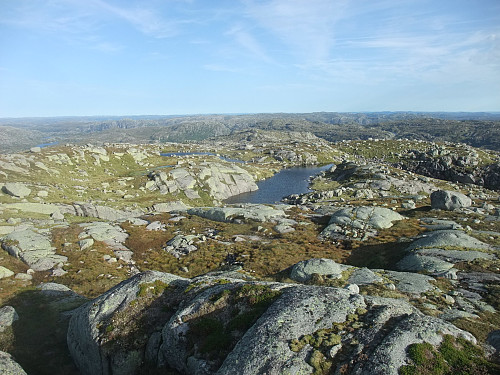Søraustover med Litla Kaldavassheia i midten og Bjerkreimsheiane bak.