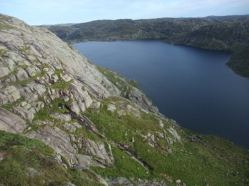 Gjekk ned på grashyller mellom bratte svaberg i søvestsida av Myfjell. Krokavatnet t.h.