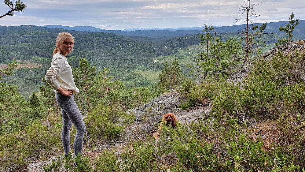 Fra stien vi fulgte under oppstigningen fikk vi noen steder utsikt, som her mot sørvest. Blefjell kan skimtes langt i det fjerne midt i bildet.