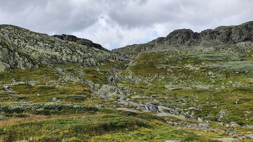 Midt i bildet er bekken jeg fulgte under nedstigningen fra Reineskarvet, etter renna som er laveste skar høyere oppe. Her gikk jeg altså på høyre side av bekken.