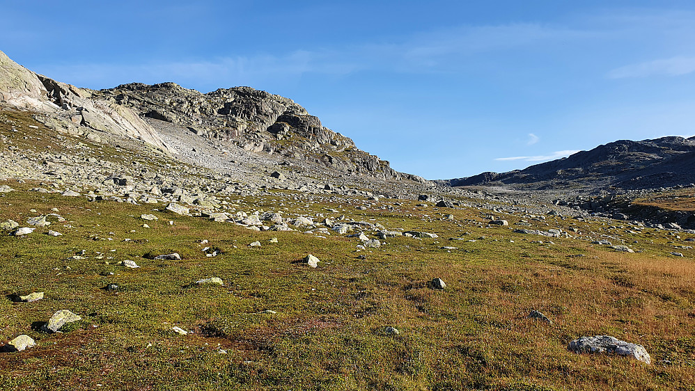 Oppi Mjolgedalen, på nesten 1500 meters høyde. Jeg svingte opp mot Gråhyrneran Sør i den grå ura oppe til venstre.