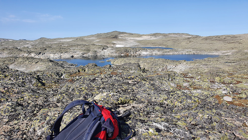 Bakerst og i midten er Raudbergnuten (1819), sett fra toppen av Storefjellsbergi Øst (1725). Mer sentralt i bildet ses tjerna og det litt kuperte landskapet.