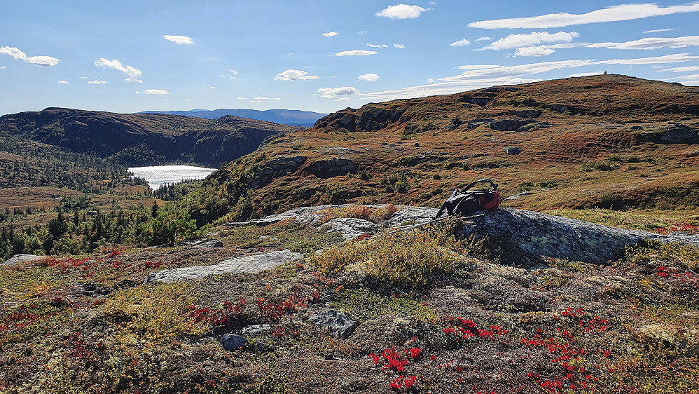 På Toskardfjellet Øst (1063). Bak til høyre er Toskardfjellet (1092) med den store toppvarden. Uletjenn ses til venstre med Ulefjell (1092) bakenfor og lengst til venstre.