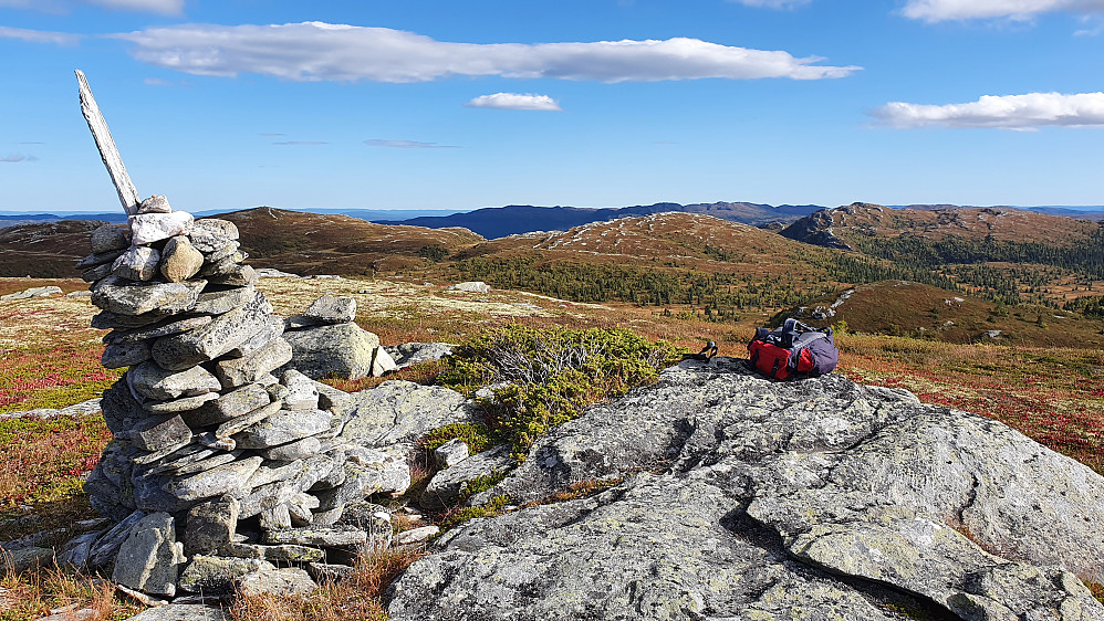 På toppen av Bergetseterfjellet (1107). Utsikt mot sørøst. De 3 ganske jevnhøye og markerte toppene lengre bak, er fra venstre: Toskardfjellet, Toskardfjellet Sørvest og Ulefjell.