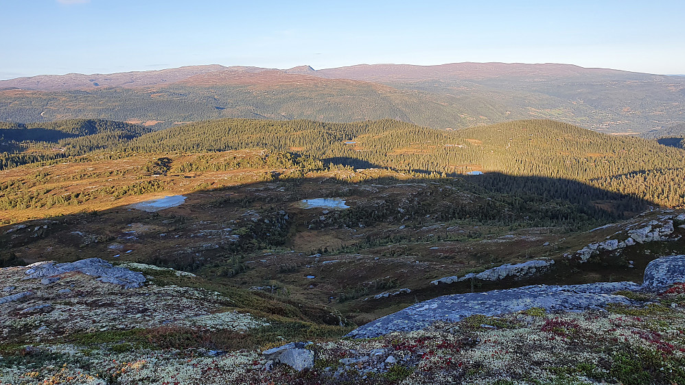 Utsikt mot øst/nordøst fra Ulefjell (1092). Norefjell dominerer helt bakerst. Bilen min er parkert like ovenfor en stor hytte i skogen der sola skinner litt til høyre i bildet.
