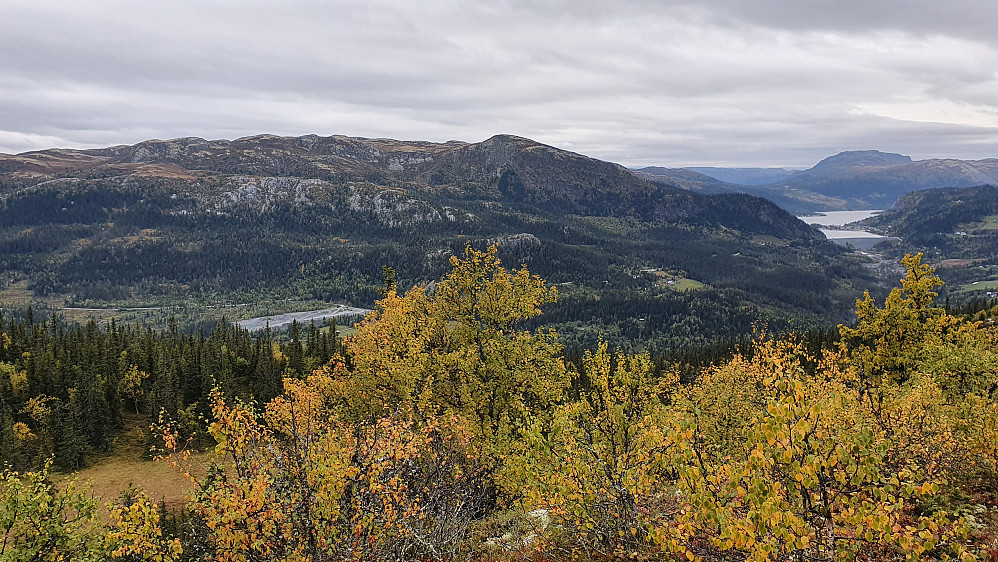 Utsikt mot vest fra utsiktsplassen ved toppen av Ringputtåsen. Til venstre i bildet er Grytingfjellet. Bak til høyre ses sørenden på Tunhovdfjorden, med Fauskofjellet bakenfor.