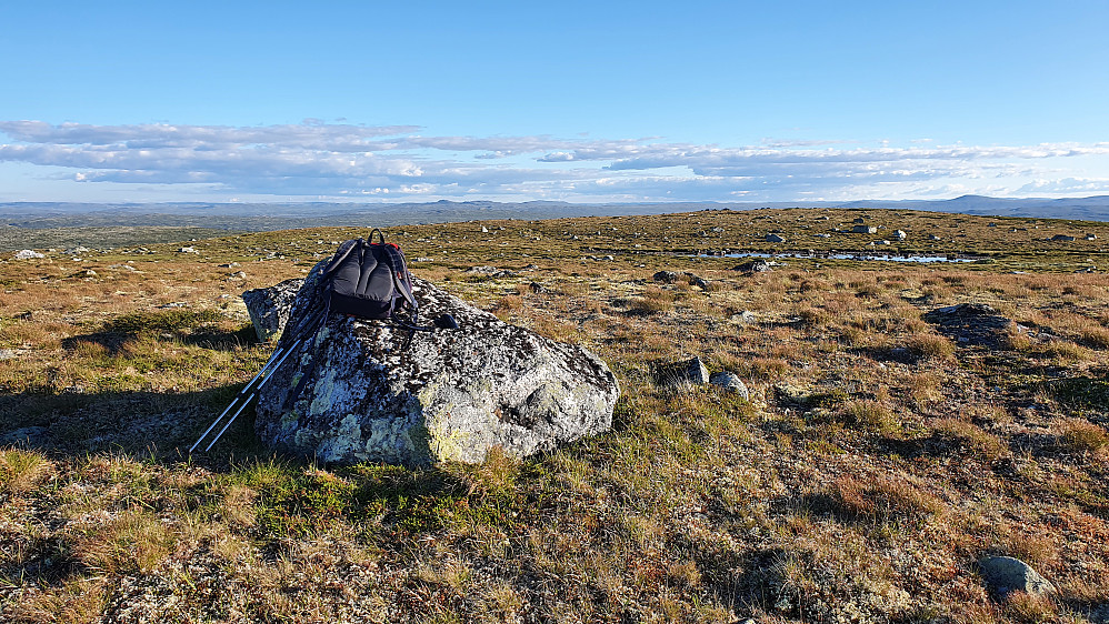 Denne store steinen så ut til å være høyeste punkt på Krækkjahæe (1336). Den slake høyden til høyre, like bakenfor det vesle tjernet, er fastmerket/trig.punktet.
