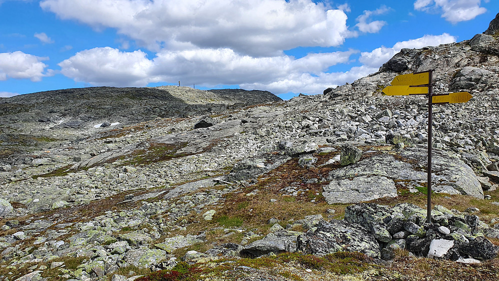 På returen passerte jeg dette skiltet, som var plassert på et sted uten synlige stier, like nordvest for høyde 1486. Bak og litt til venstre er Sundhellerskarvet (1611).