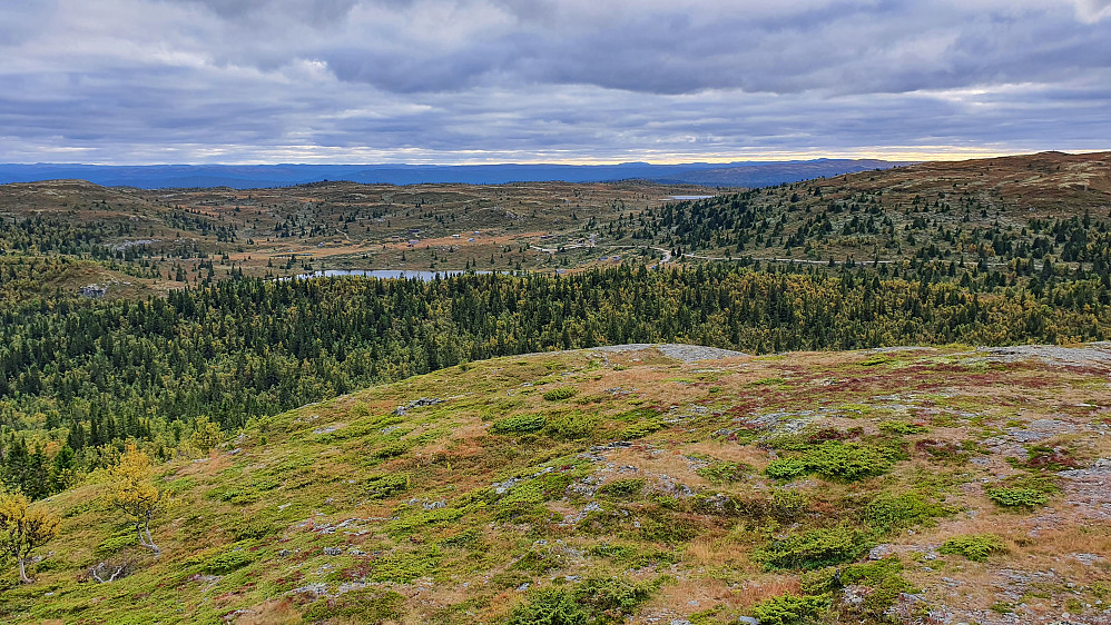 Utsikt tilbake mot setra Nyset fra toppen av Nysetknippen (1150). Litt av Nysettjørni ses hitenfor/nedenfor setra.