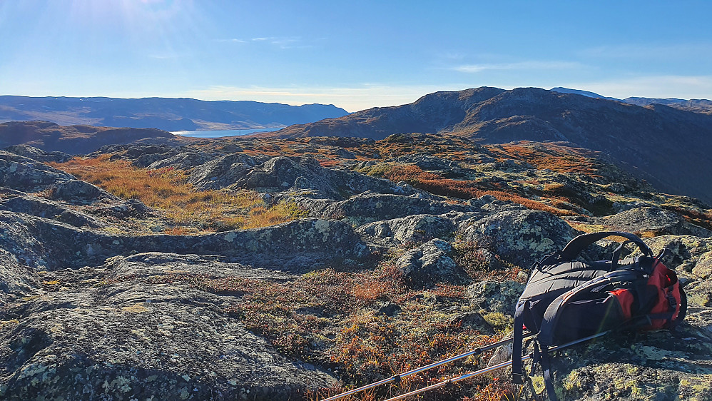 På toppen av Hauganøse (1275). Bak til høyre er Hestebottfjellet (1406), mens Storebottskarvet (1719) stikker så vidt opp bakenfor det igjen.