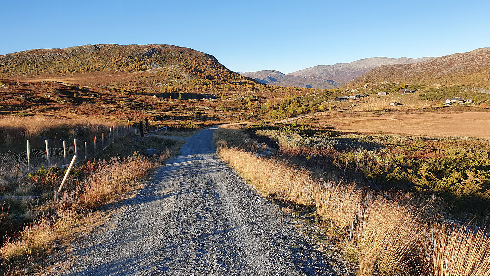 Siste stykket på grusveien før jeg nådde bilen. Bildet er tatt tilbake mot bl.a. Hauganøse (1275), som er fjellet til venstre. Til høyre ses noen av hyttene ved Øvre Halso.