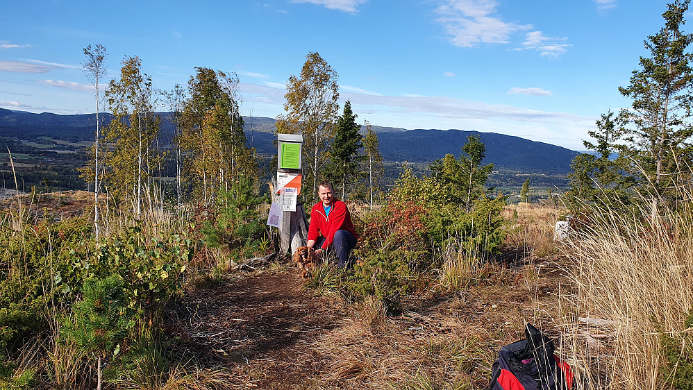 Ved postkassa som står på trig.punktet på Krukekollen. Bildet tatt mot vest/nordvest. Åsen bak til høyre med skygge er Hafella (624).