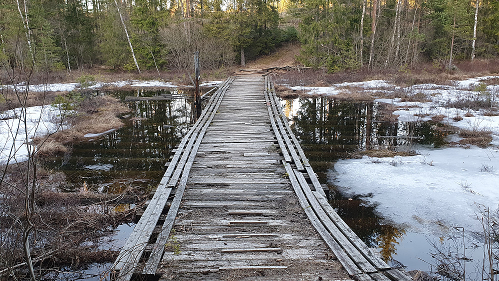 Over det langstrakte våtområdet like vest for Langevannstua, fulgte jeg denne brua som lå på noen store stokker nedi vannet. Den begynte å virke noe morken enkelte steder.