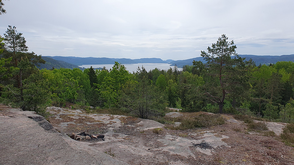 På utsiktspunktet som kalles "Høgåsen sør utsikt 1" på Peakbook. Her ser vi sørover Drammensfjorden.