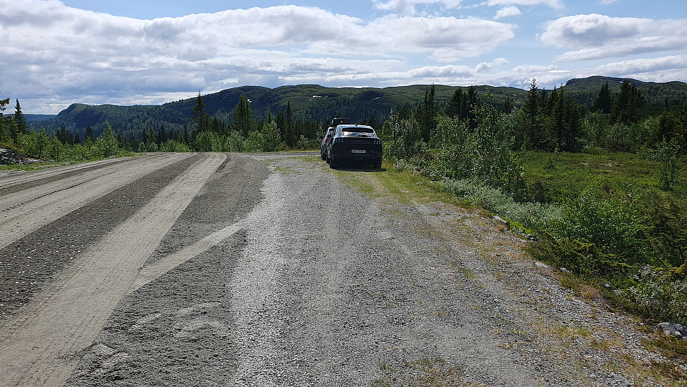 God plass til flere biler langs veien ved krysset hvor man kjører inn til Brennesetre. Bakerst og helt til høyre ses Holtelifjellet (1152). Resten av Holtelifjellet er mer midt i bildet.