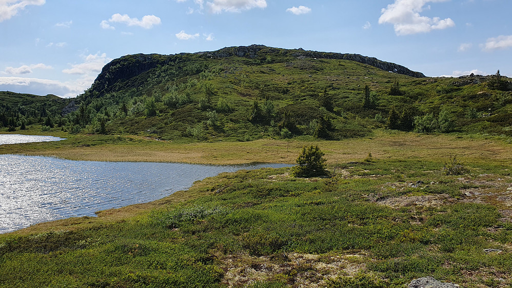 Jeg er på vei opp mot Holtelifjellet Øst (1117) og ser tilbake mot høyeste Holtelifjellet (1152). Nedenfor til venstre ses tjernet på 1076,5 moh.