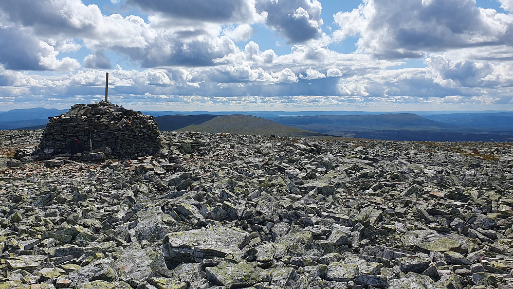 På toppen av Kampflåhøgda (1207). Utsikt rett mot sør. Det slake fjellet nærmest i bakgrunnen midt i bildet, er Eltdalsskardet (1148).