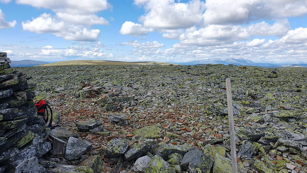 Utsikt mot nordvest fra toppen av Kampflåhøgda (1207). Langt bak og til høyre i bildet, ses Sølen (1755).