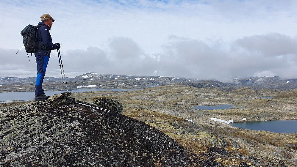 Erling på toppen av Barbrohaugen (1630). Her ser han tilbake i den retningen vi hadde kommet fra. Det store vannet til venstre er Kvevatnet.