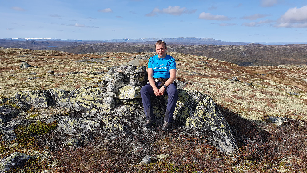 Godt fornøyd på toppen av Synsnuten (1272). Rett bak meg ses Hallingskarvet, mens den hvite Hardangerjøkulen er helt til venstre i bildet.