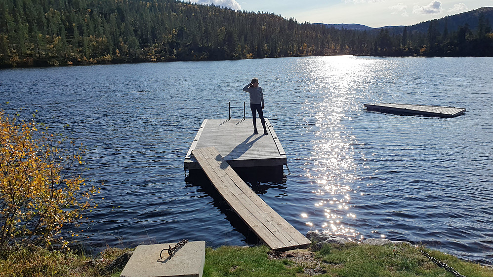 Tilbake ved Himingtjønn måtte Frida ut på den ene flytebrygga. Den andre var noe mer utilgjengelig uten å bli veldig våt ...