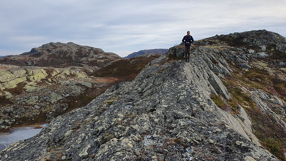 Øyvind på ryggens fineste parti underveis mot Krosstjønnhovdun Vest (1149). Bildet er tatt mot S/SØ. Fjellet til venstre i bildet er Byggjingen (1170).