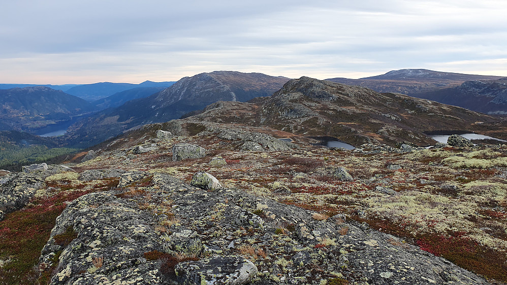 Utsikt sørover fra toppen av Krosstjønnhovdun Øst (1150). Nærmeste fjell litt til høyre er Byggjingen (1170).