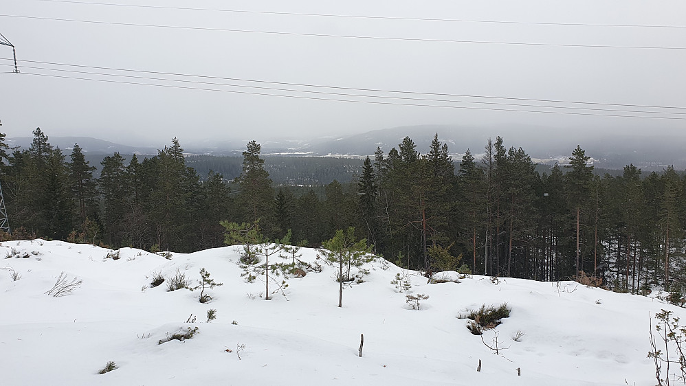 Dette var vel den beste utsikten jeg fikk i løpet av turen. Jeg står under kraftlinja NØ for Anbjørgåsen, og ser oppover Ådalen i retning Hallingby.