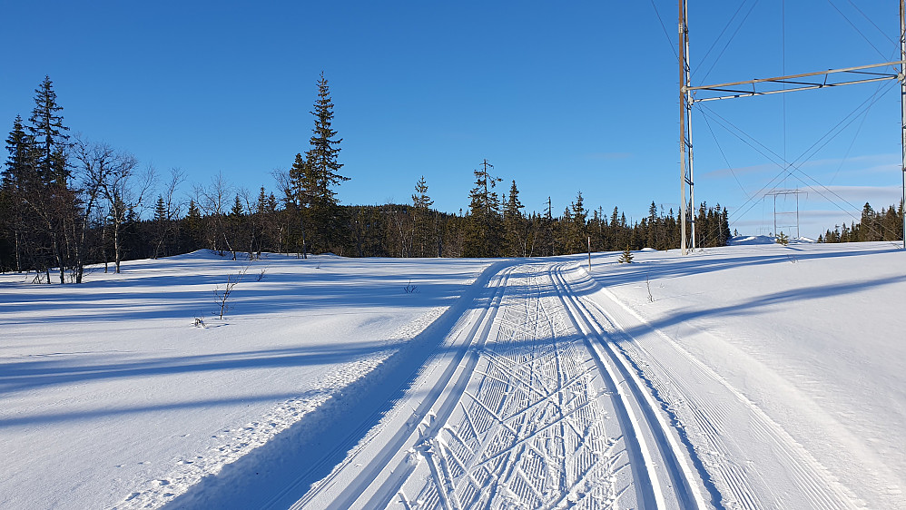 Under høyspentlinja, på vei nordover mot Fjellsjøen. Framstadsæterfjellet (793) ses i bakgrunnen litt til venstre.