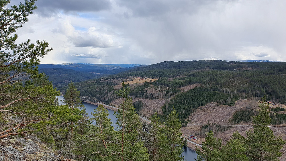 20 meter sørøst for toppunktet på Lysthuskollen (354) var det god utsikt mot sør/sørøst. Nedenfor ses litt av Grønvollfossfjorden og fylkesvei 3346.