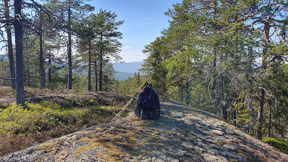 Sekken min står på toppvarden på Ramberget (542). Denne retningen var det et lite gløtt av utsikt.