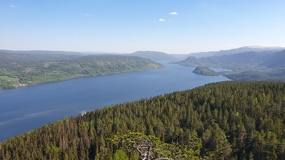 Fra sørstupet på Ramberget (542) bukter Sperillen seg sørover. Fjellet med snø på helt til høyre, er Høgfjell (1010).