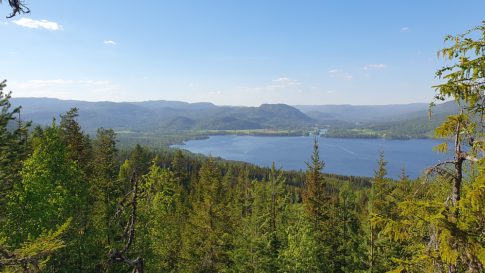 På 375 meters høyde, ovenfor et litt brattere parti, fikk jeg fin utsikt i nordlig retning. Nes ligger på andre siden av Sperillen, litt til høyre i bildet, der elva Begna møter Sperillen.