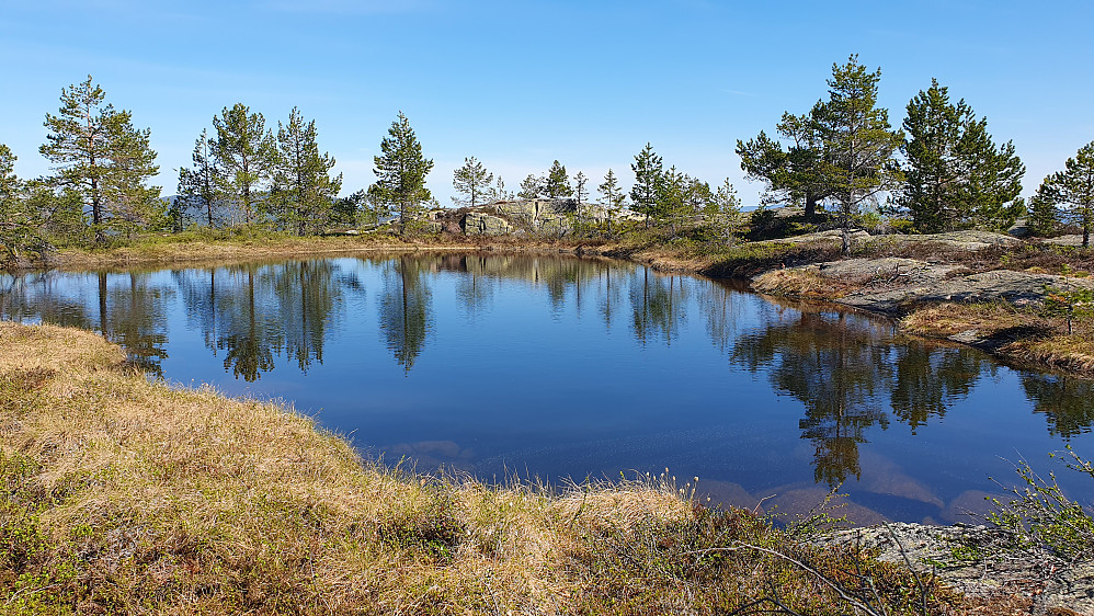 Høyeste punkt på Maskat (690) er på bergknausen rett på andre siden av dette tjernet.