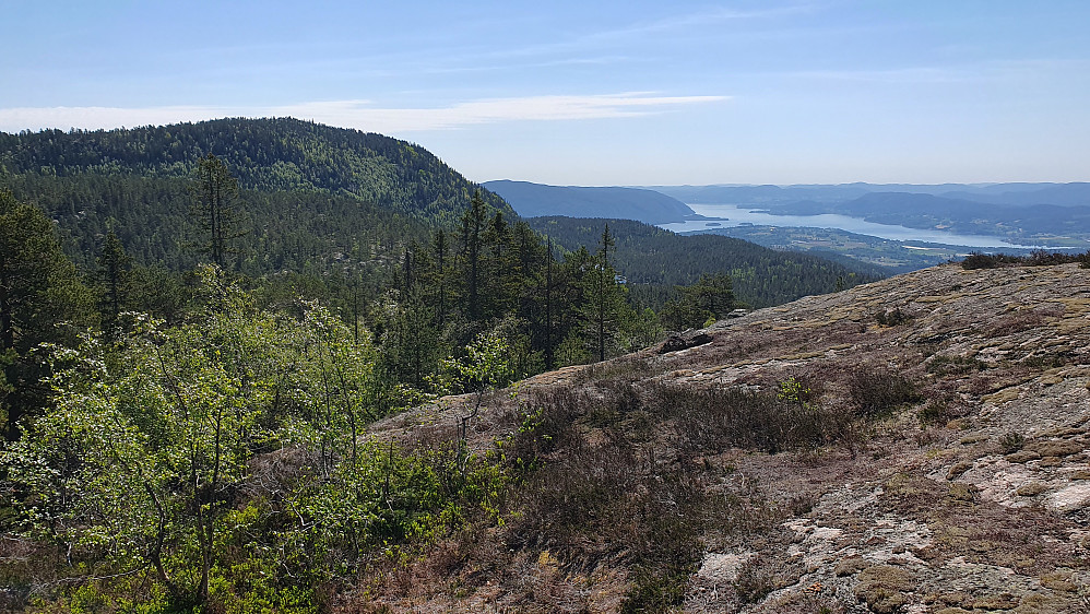 Nydelig utsikt fra stien litt vest/nordvest for Nedre Dipilen. Åsen til venstre er Skåråfjell (679). Det store vannet til høyre er Norsjø.