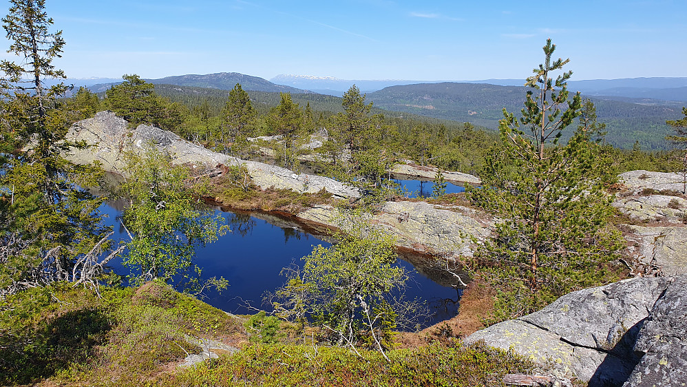 Månetjønnene, like nord for toppen av Skautstein (700). Utsikt nordover. Fjellene bakerst med en del snø på, er Blefjell.