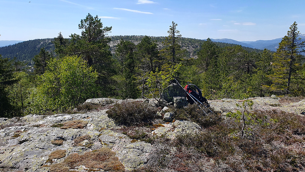 God utsikt fra toppen Nord for Gulnostjørnane (659). Den slake toppen bak og midt i bildet, er Maskat (690).