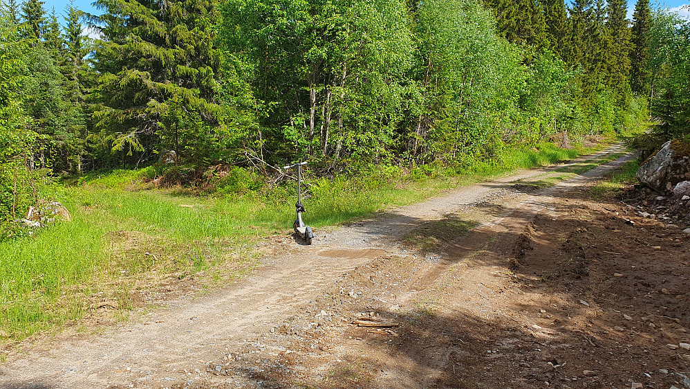 Her satte jeg elsparkesykkelen i skogen. Haukveien fortsetter innover til høyre. Traktorveien/stien jeg skulle følge ses til venstre.