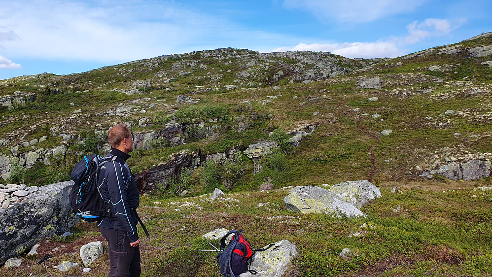 Her forlot vi stien mot Madonnastatuen, og fulgte stien som ses litt lengre bak til høyre. Den førte oss opp til Søtelifjellet Vest (1068), som er høyeste punkt midt i bildet.