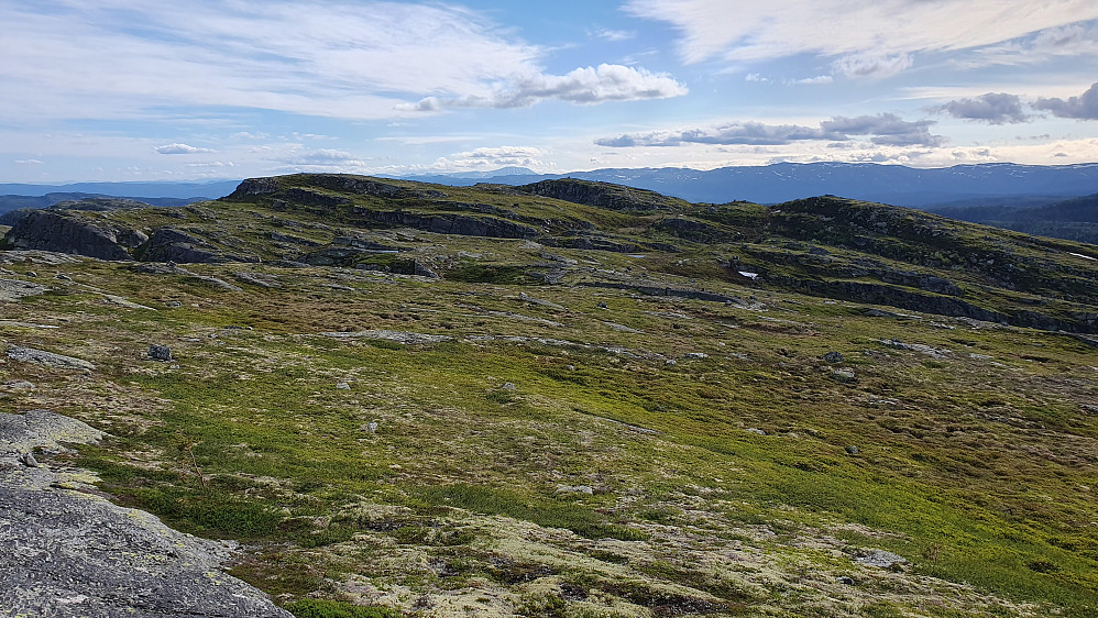 Utsikt mot sørvest fra Skriutjennfjellet (1067). De nærmeste toppene er til venstre: Søtelifjellet (1071), og midt i bildet: Søtelifjellet Vest (1068). I det fjerne ses Gaustatoppen.